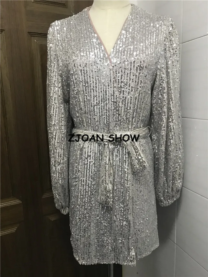 Silver Sequins Wrap Dress Lacing Up Waist Split Slim Fit Kvinnor Långärmad Te Tea Dresses Bow Tide Vestido Party 210429