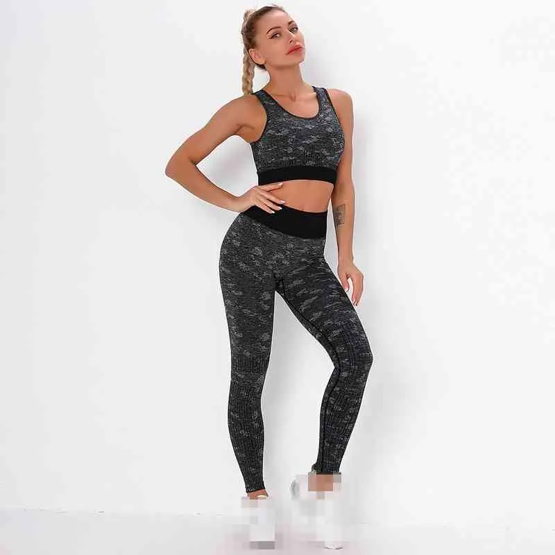 Vrouw sport pak fitness brassière camouflage yoga beha + kont tillen leggings elasticiteit running gym broek Ropa Deportiva 210514