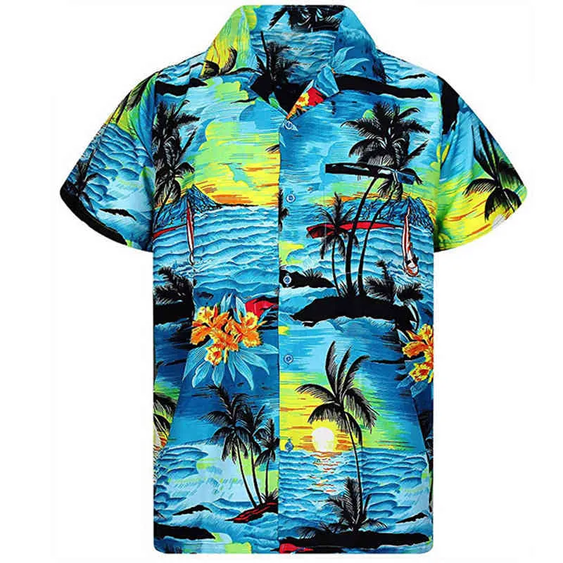 Drzewo kokosowe Koszule Koszulki Mężczyźni Plaża Hawajski Casual Mężczyzna Koszula Zbyt duży Camisas Holiday Daily Krótki Rękaw Print Chemise Homme 210524