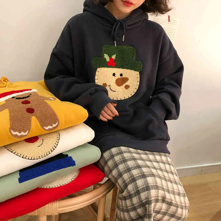 Ulzzang Harajuku Hoodies 여성 긴 소매 후드 캐주얼 한국어 셔츠 가을 겨울 양털 풀오버 귀여운 크리스마스 스웨터 210525