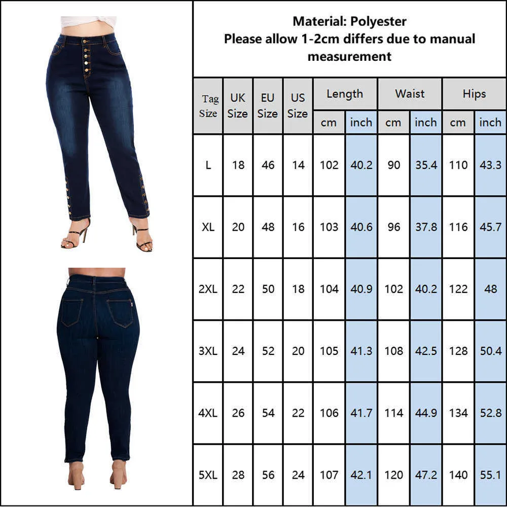 5XL Plus Taille Jeans Femme Taille Haute Pantalon Poche Bouton Maman Femme Skinny Pantalon Élastique Denim Crayon Stretch 210629
