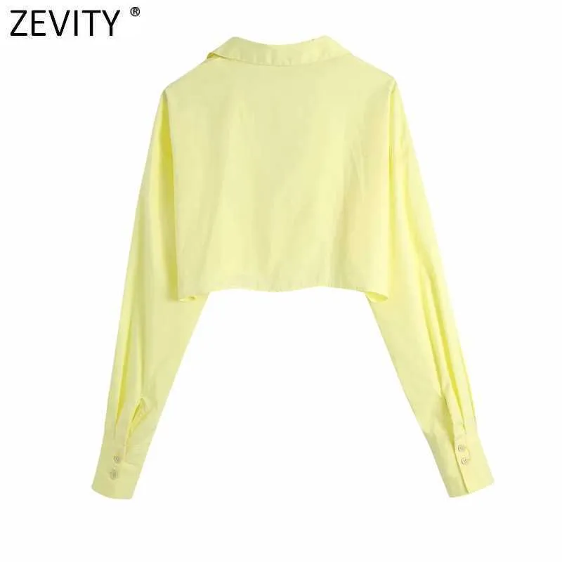 Zevity Frauen Mode Kreuz V-ausschnitt Saum Schleife Gebunden Kurze Kittel Bluse Weibliche Langarm Kimono Shirts Chic Crop Blusas tops LS90081 210603