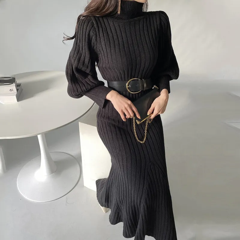 Nomikuma Elegante Rollkragen Frauen Pullover Kleid Laterne Langarm Koreanische Gürtel Schlanke Taille Gestrickte Meerjungfrau Kleider Vestido 6D684 210427