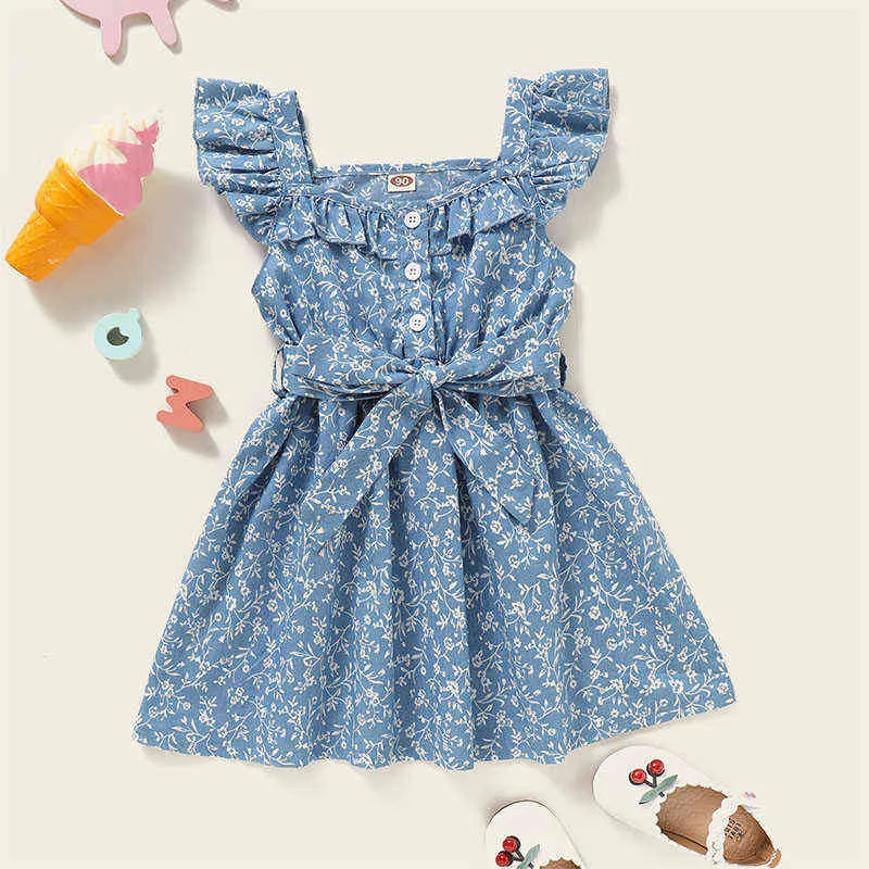 Menoea enfant en bas âge filles robes florales nouvelle mode été sans manches volants vêtements enfants vêtements décontractés ceintures arc mignon robe G1215