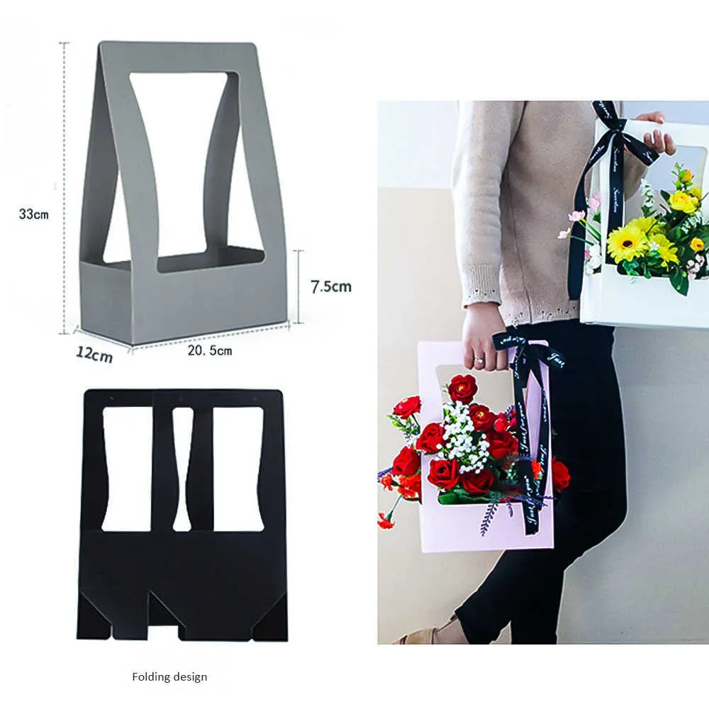 Bärbar vikbar blommor Box Watertproof Paper Packing Bag Florist Fresh Flower Carrier Bag Handmade Bouquet Basket Wedding Present Y07627376