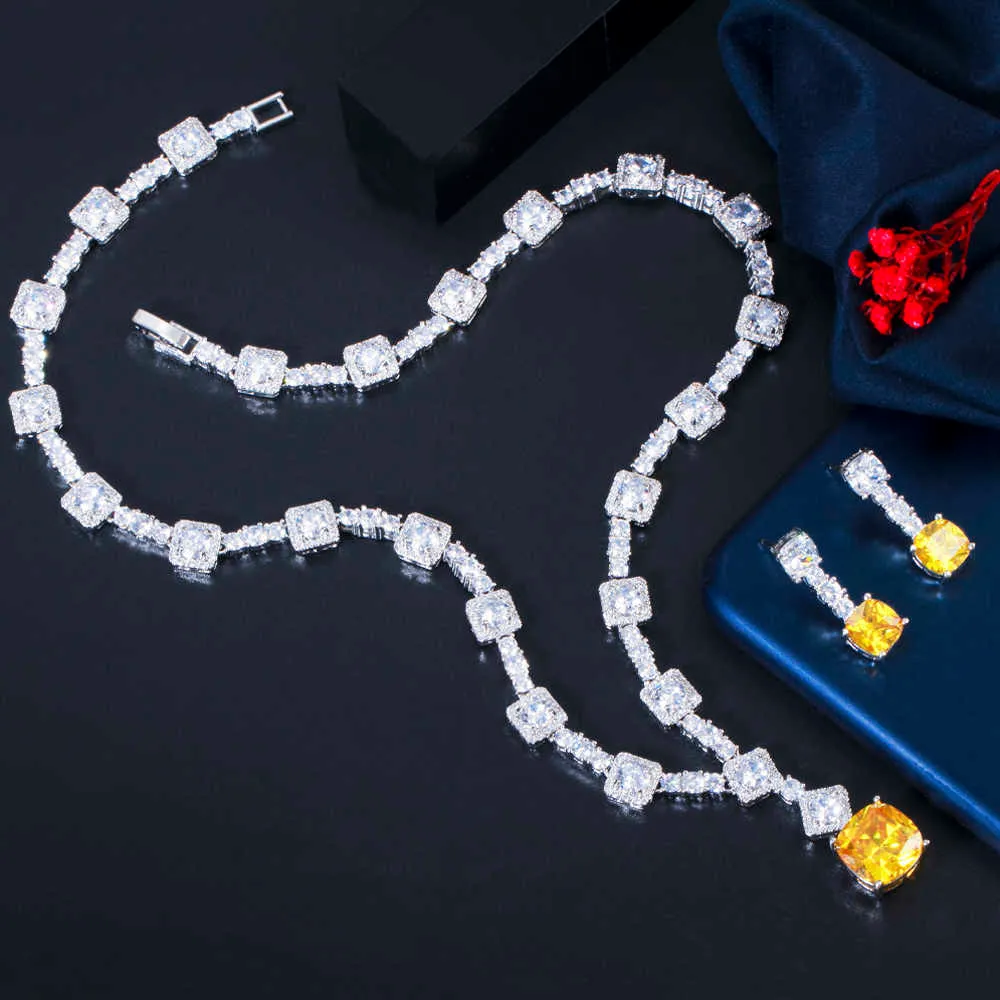 ThreeGraces Elegante Gelbe CZ Kristall Silber Farbe Großen Platz Tropfen Ohrringe Halskette Hochzeit Schmuck Sets für Frauen TZ581 H1022