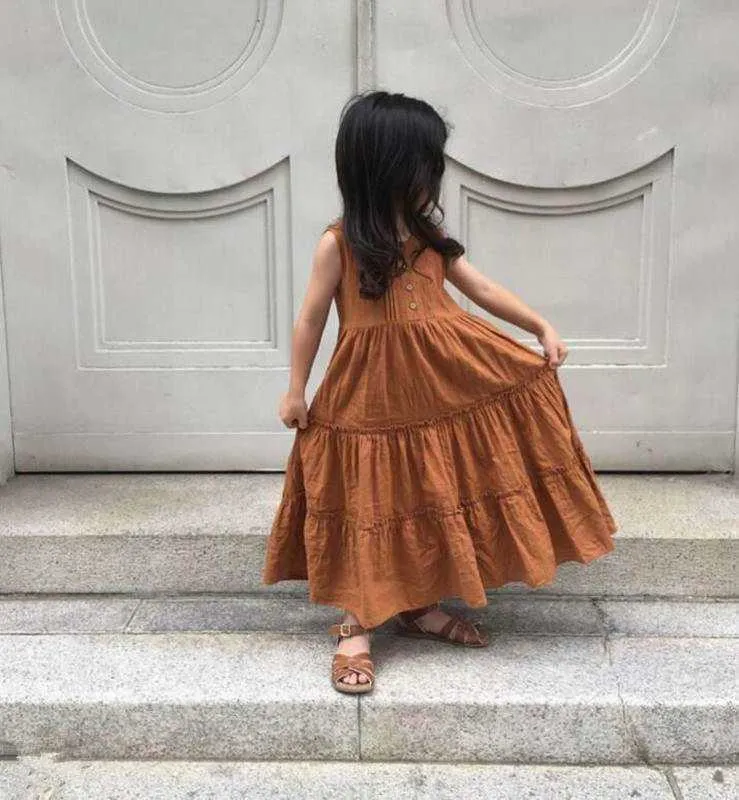 Girl Dress Summer Cotton Linen Sleeveless Casual Baby Clothes Apricot Orange E293 210610