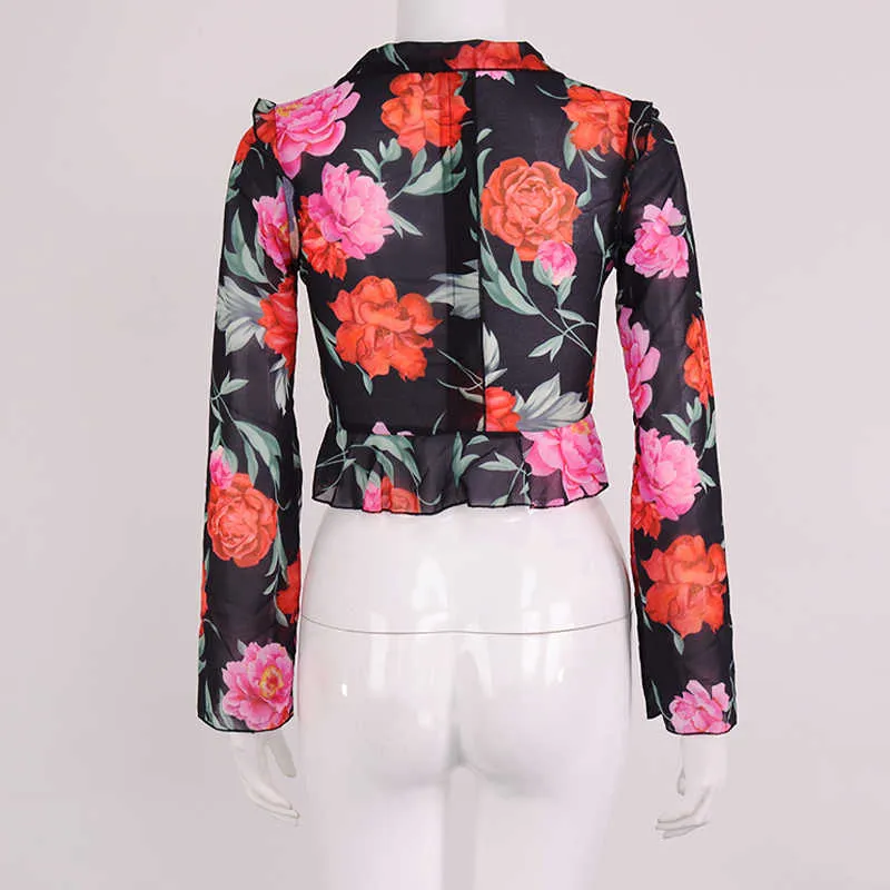 Colysmo Camisa con estampado floral con cordones Top corto de manga larga recortado Sexy Slim Fit Blusas de gasa Mujeres Casual Beach Party Outfits 210527