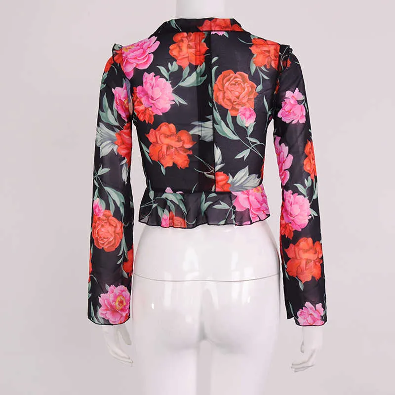 Colysmo Floral Print Shirt Lace Up Długi Rękaw Crop Top Cut Out Sexy Slim Fit Szyfonowe Bluzki Kobiety Casual Beach Party Stroje 210527