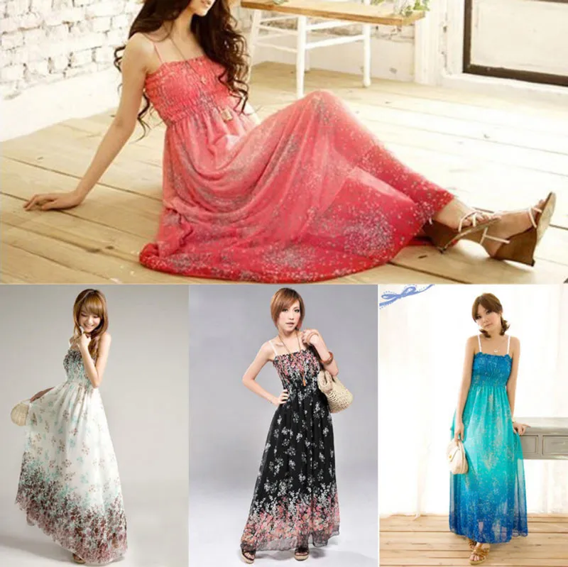 Kvinnor Klänning Boho Chiffon Sommar Ärmlös Mode Elegant Sequins Gradient Färgtryck Maxi Long Sundress Party Beachdress 210522