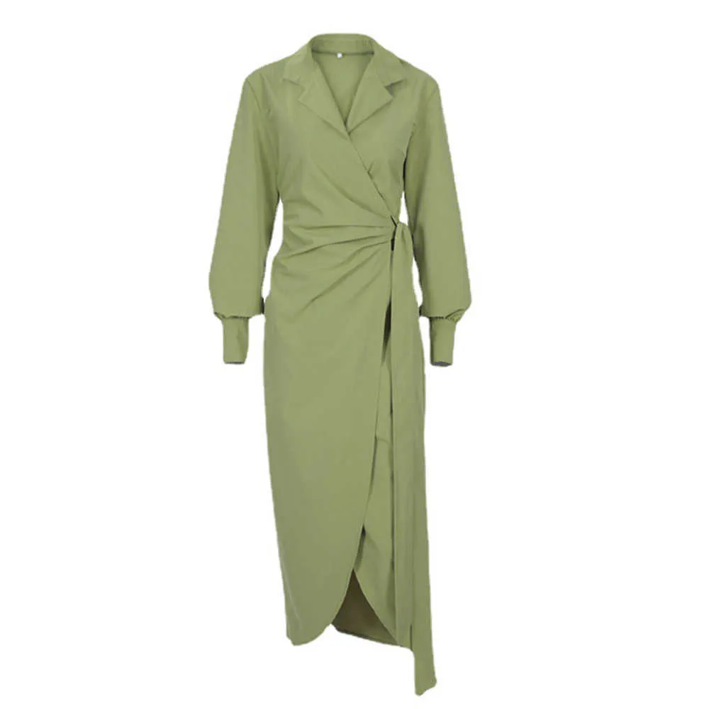 Robe élégante femmes automne 2021 à lacets Simple coupe confort français rétro robes portefeuille femme Sexy fendu Midi Robe Y1006