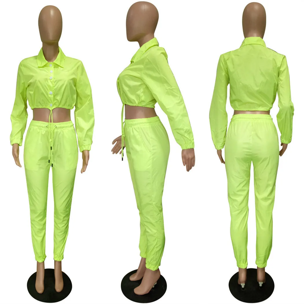 OMSJ Néon Jaune Rose Deux Pièces Ensemble Crop Top et Pantalon Survêtement Sexy Casual Vêtements D'été Printemps Survêtements 210517