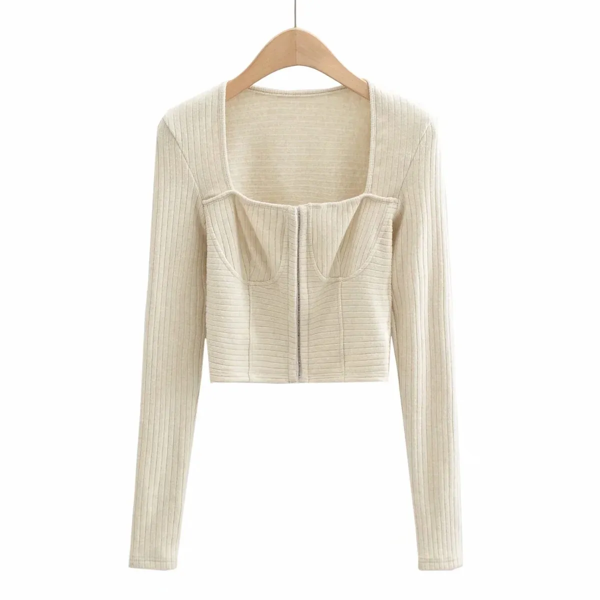 Vintage Women Knitted Cardigan France Style Square Collar Covered Buttons Cropped Sweater Long Sleeve Knitwear 210429