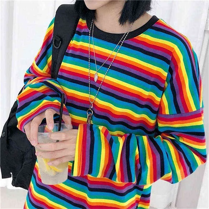 Rainbow Stripe Camiseta Autumn Harajuku Camisa feminina Manga Longa Plus Size Tshirts Mulher Coreana Tops Feminino G220228