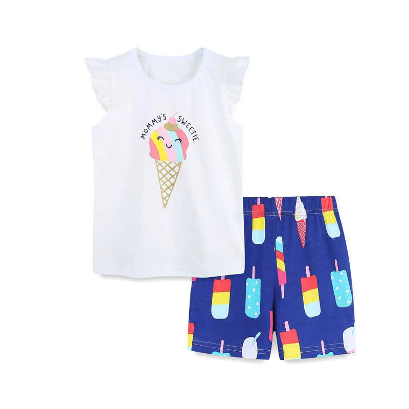 Jumping Meters Summer Girls Vêtements Ensembles avec crème glacée Imprimer Mode Tops + Shorts Mignon Bébé Coton Costume Tenues Enfants 210529