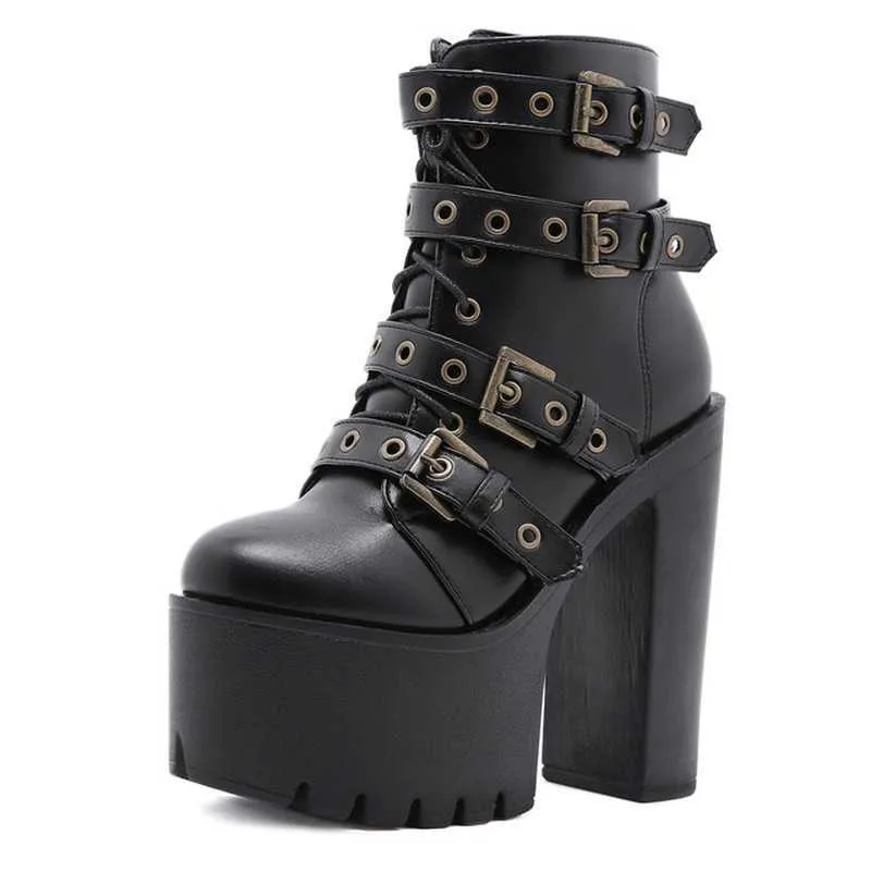 New sexy chain women's leather spring autumn boots thick heel Gothic black punk style platform shoes women's shoes high quality Y0914