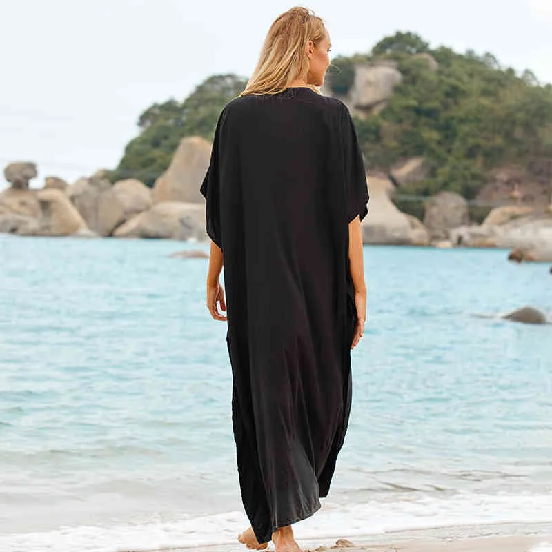 Вышивка хлопчатобумажный пляжный покров UP Side de Praia Купальник Женщины Бикини Крышка Туники для ношения Pareo Sarong # Q683 210420