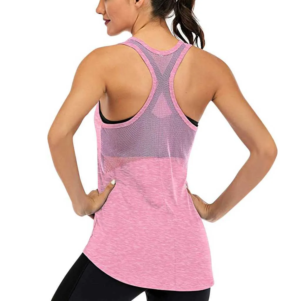 Sommar kvinnor solida färger fitness träning tank toppar ärmlös mesh back topps racerback muskel sport lösa toppar plus storlek # p3 y0824