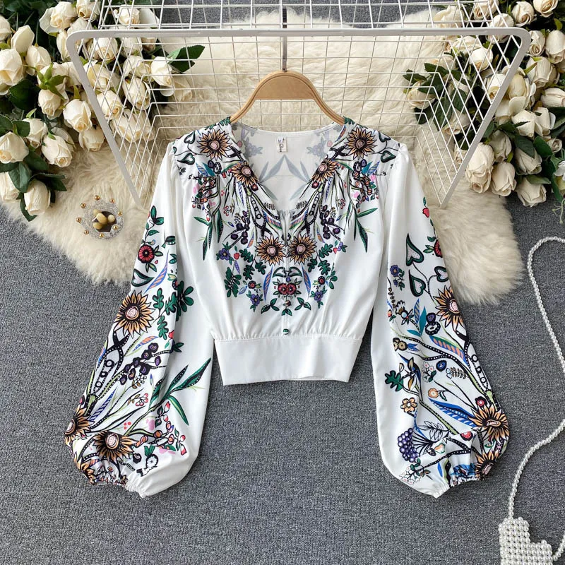 Spring Summer Vacation Suit For Women Long Sleeve Retro Print Short Shirts + High Waist Pants Two Piece Set Outfit 210428