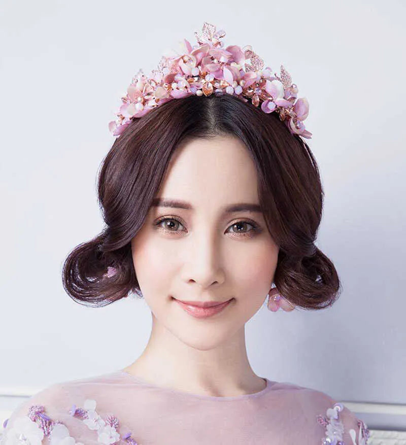 Himstory Handmade Romantic Princess Wedding Hairband Pink Blossom Flower Crown Pageant Prom Headband Hair Accessories X0726