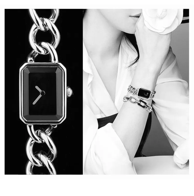 패션 브랜드 프리미어 체인 시계 남자 친구 링크 쿼츠 손목 시계 여성 남성 커플 쉘 직사각형 시계 Vintag203W