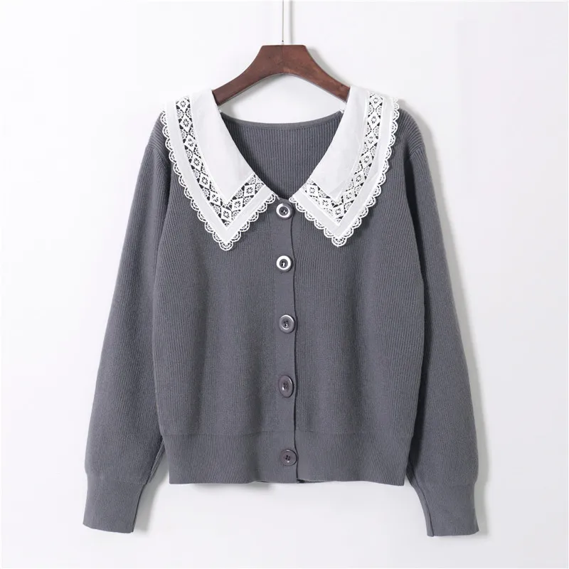 Höst Vinter Cardigans Fashion Lace Doll Collar Stitching Sweater Loose Casual Women's Trend Vintage 210420
