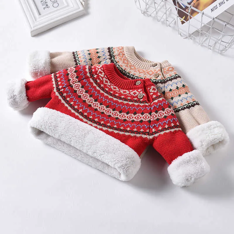 Garçons Fille Pull Hiver Nouvelle Polaire Tricotée Épaissir Chaud Floral Vêtements Pour Enfants Pull O-Cou Casual Chandails De Noël Y1024