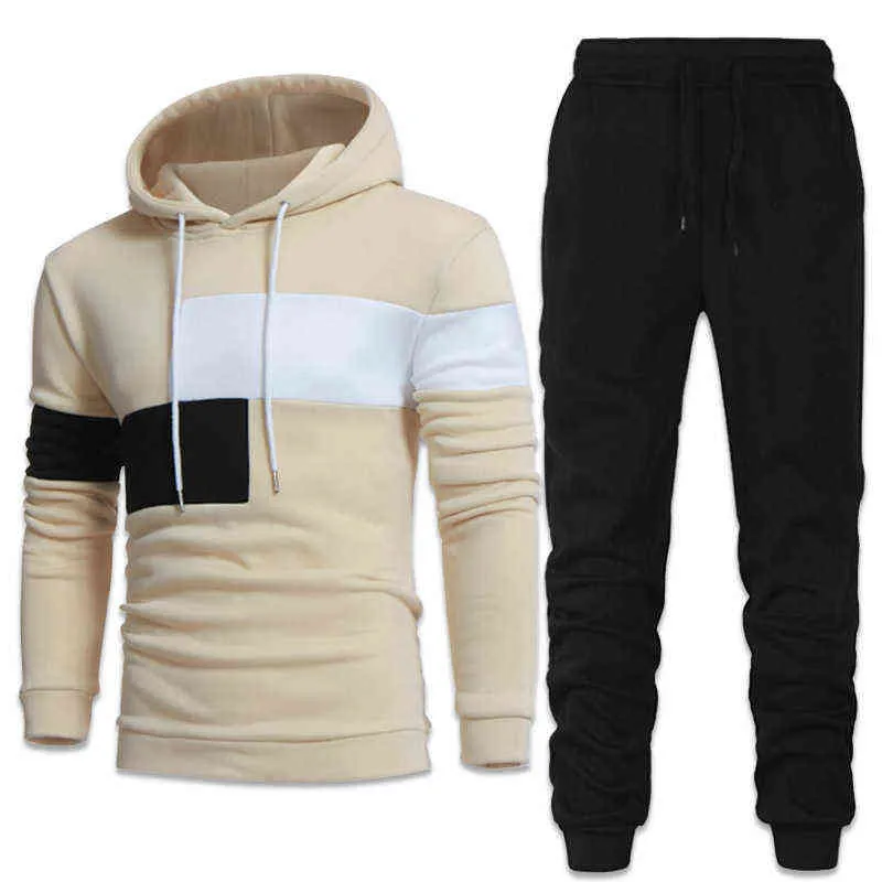 Personlighet Patchwork Män Tracksuits Hoodies Passar Män Hoodies + Byxor Två Piece Set Höst Vinter Varm Hooded Pullover Passit 211103