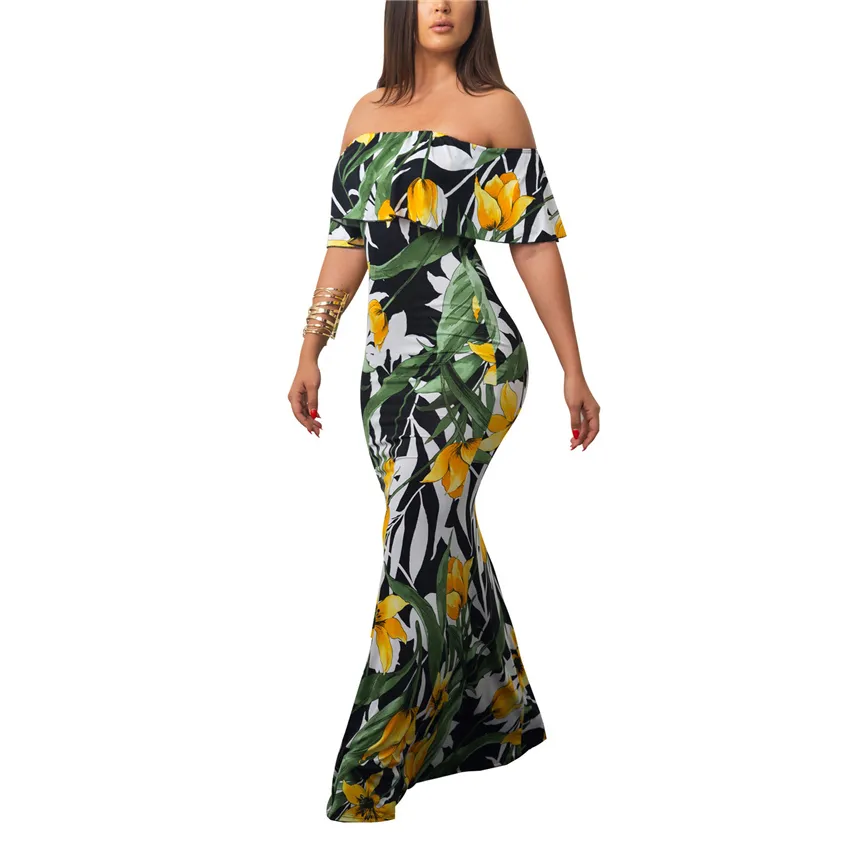 Femmes Floral Print Slash Neck Ruffles Robes Sexy Vêtements de plage Boho Maxi Sirène Manches courtes Doux Robe longue beachwear vestidos 210520