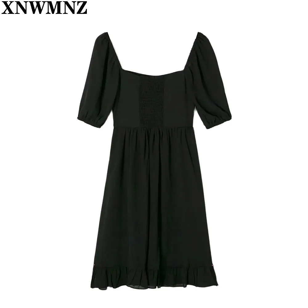 Kleider Sommerkleidung für Frauen Vintage Square Neck Kurze Puffärmel Babydoll Schwarz Mini Elegante Rüschen Chiffon 210520