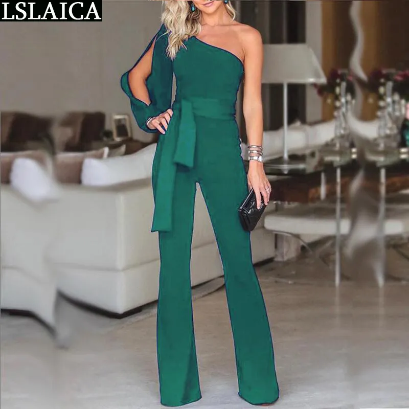 JUMPSUIT WOMAN Long Sleeve One Shoulder Hollow Out High Waist Summer Woman Jumpsuit Solid Color Party Club Romper Lady 210515