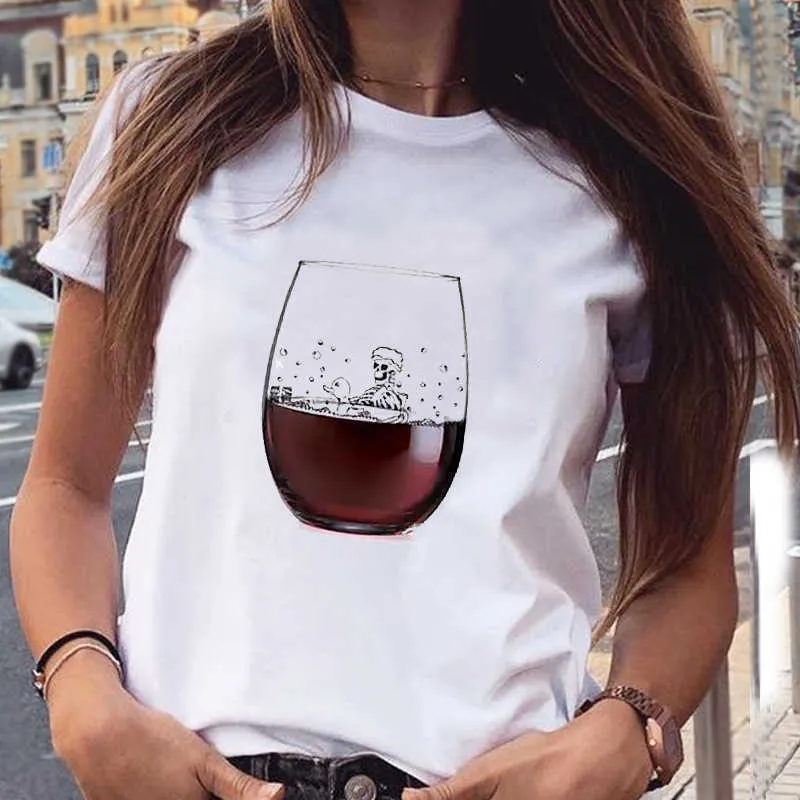 T-shirt feminino impressão de vinho senhora manga curta casual desenho animado t-shirt de grande t-shirt de t-shirt feminino x0527
