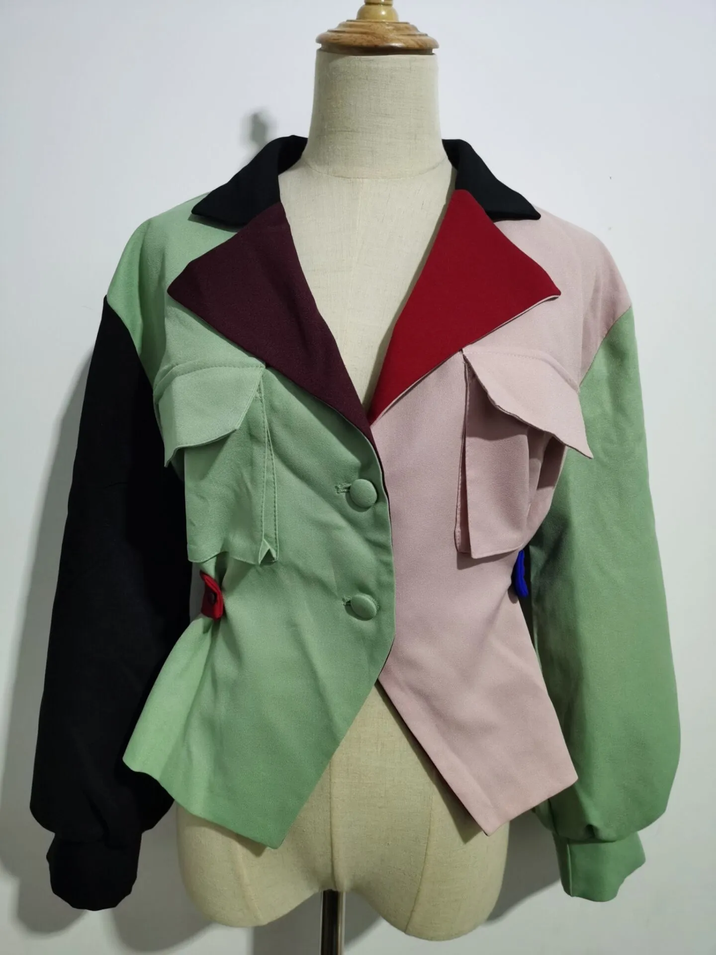 Autumn Stylish Colored Contrast color Blazer Vintage Women Slim Belt Waist Long sleeve Suit Cute Coat Streetwear Outwear 210429