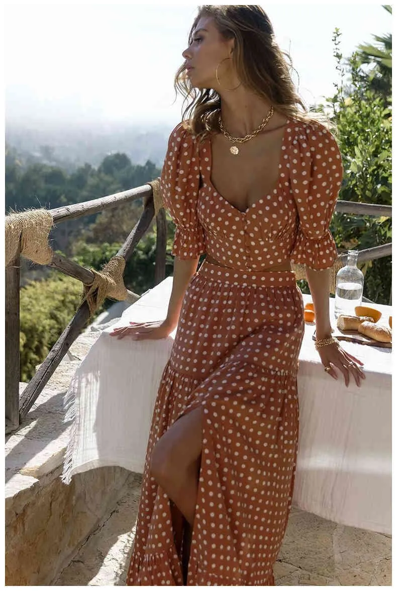 Elegante abito lungo con stampa a pois Abito da donna Set casual in due pezzi Set di abiti Boho Beach Abito lungo con spacco Vestido Feminino 210415