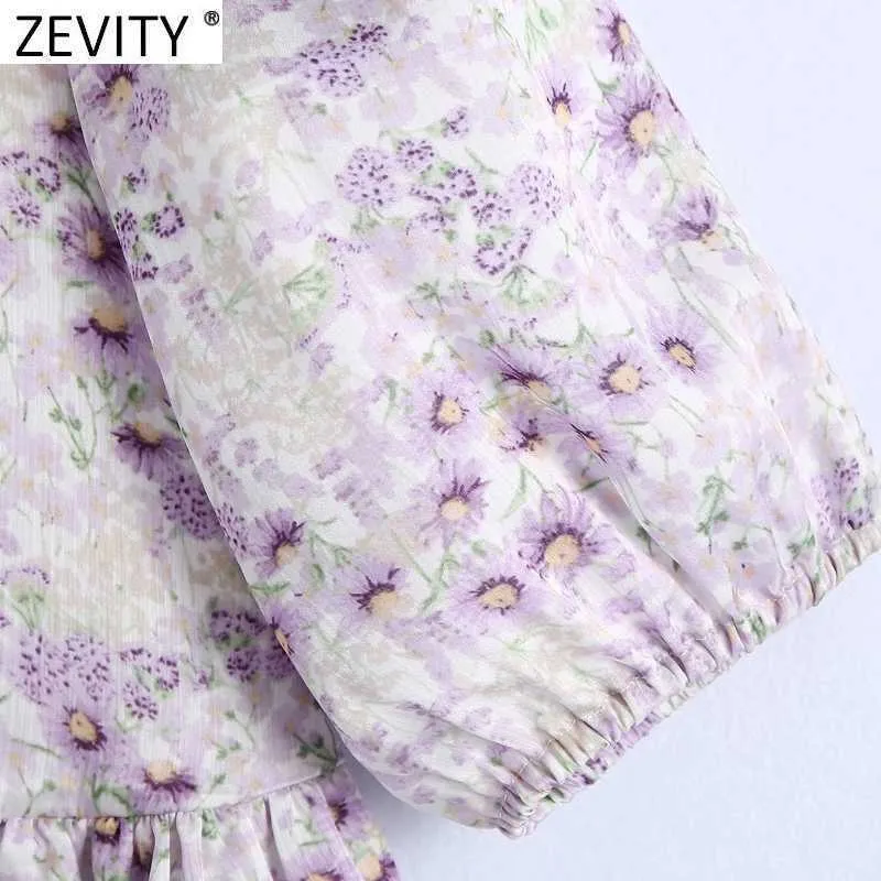 Zevity Women Sweet Floral Print Pleats Ruffles Szyfonowe Koszule Kobiet Puff Sleeve Casual Slim Bluzyki Roupas Chic Topy LS9195 210603