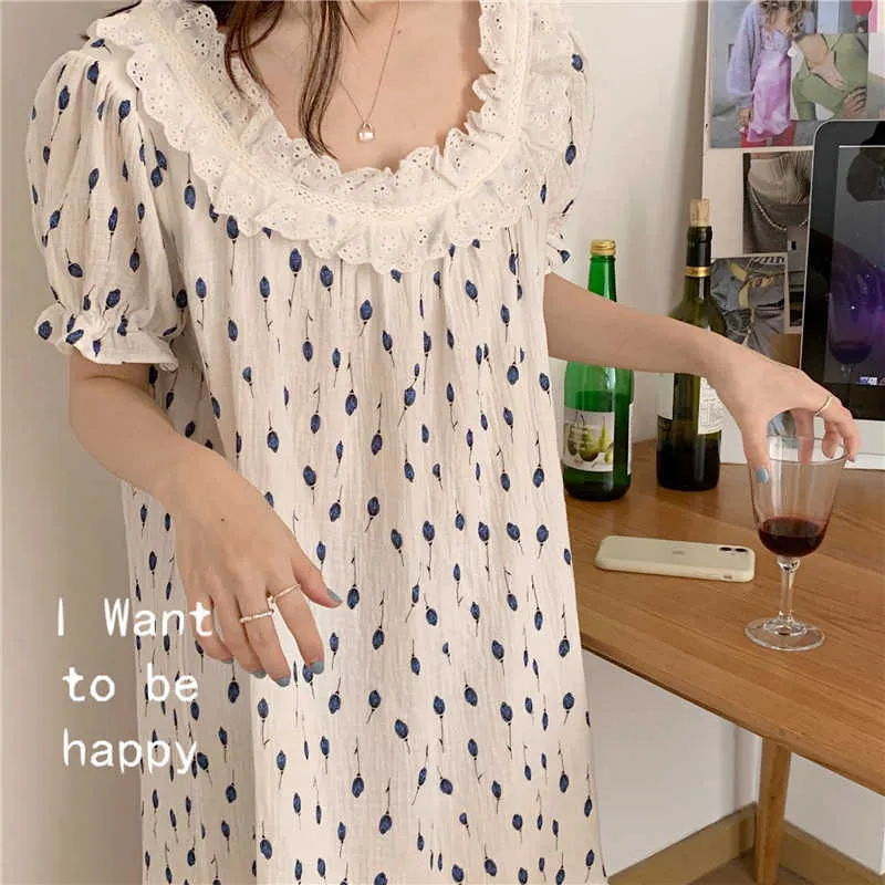 Coreano Sweet Lace Homewear Ragazze All Match Vendita allentata Casual Camicia da notte Chic Cotton Fashion Pigiama Dress 210525