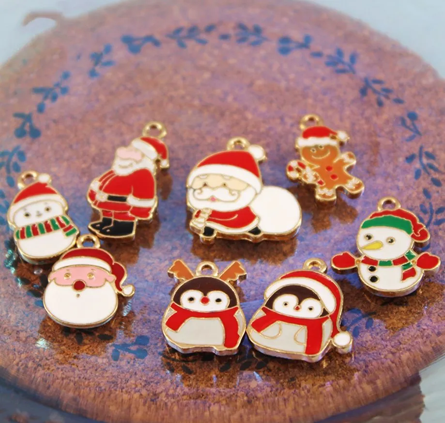 Abalorios esmaltados de la serie navideña, colgantes de pingüinos de Papá Noel para decoración, pulsera, collar, pendientes, llavero, accesorios