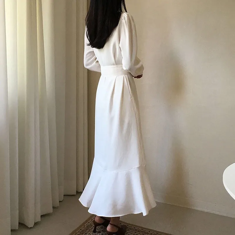 Женская вешенная и осень платье корейский стиль одиночный грудь отворот свободный ремень длинный на колени FialTail женщины PL185 210506