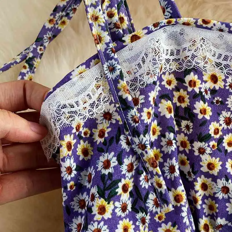 Francês Split Roxo Sexy Floral Vestido Mulheres Verão Nicho Suspender Saia Pequena 210514