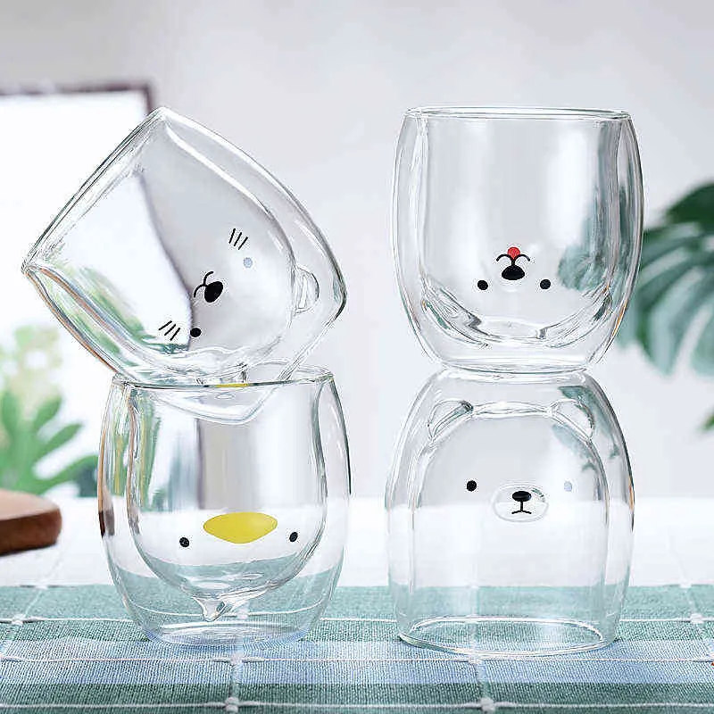 Taza de cristal con forma de pata de gato Kawaii de 250-300ml, taza de vidrio aislante de doble capa a prueba de explosiones, taza gruesa de café y leche, regalo para niños y adultos 211105240l