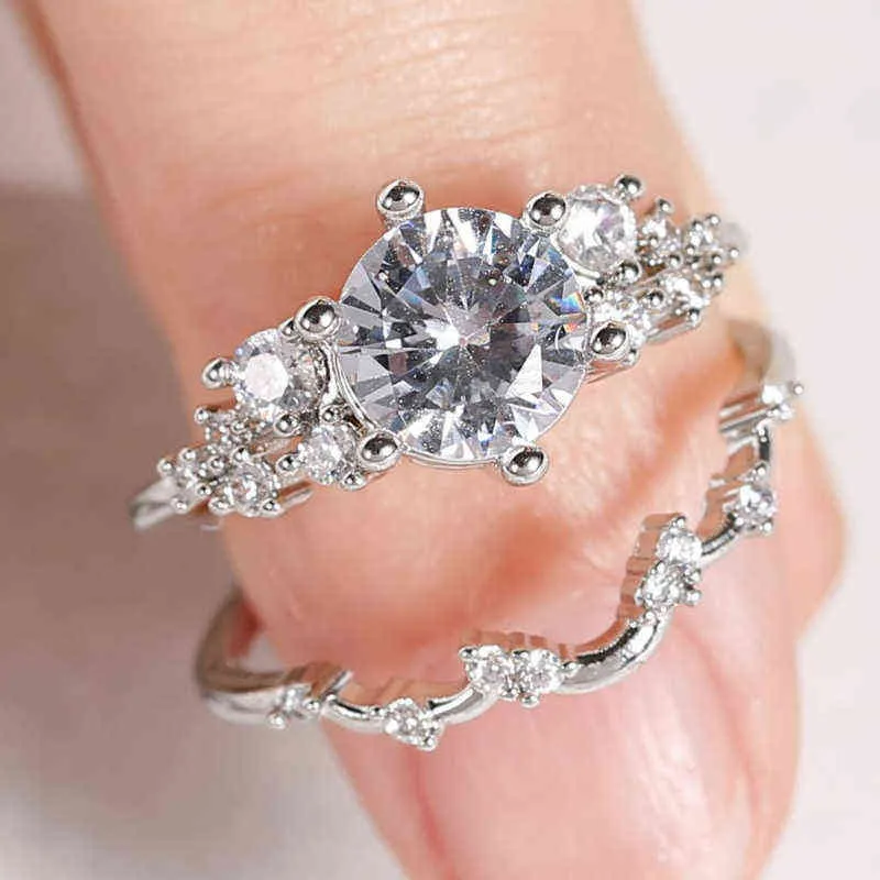 2 sztuk / zestaw Silver Color Ring Sets Z Full White Wysokiej Jakości CZ Crystal Cyrkon Dla Kobiet Dziewczyny Urok Biżuteria Zaręczyna G1125