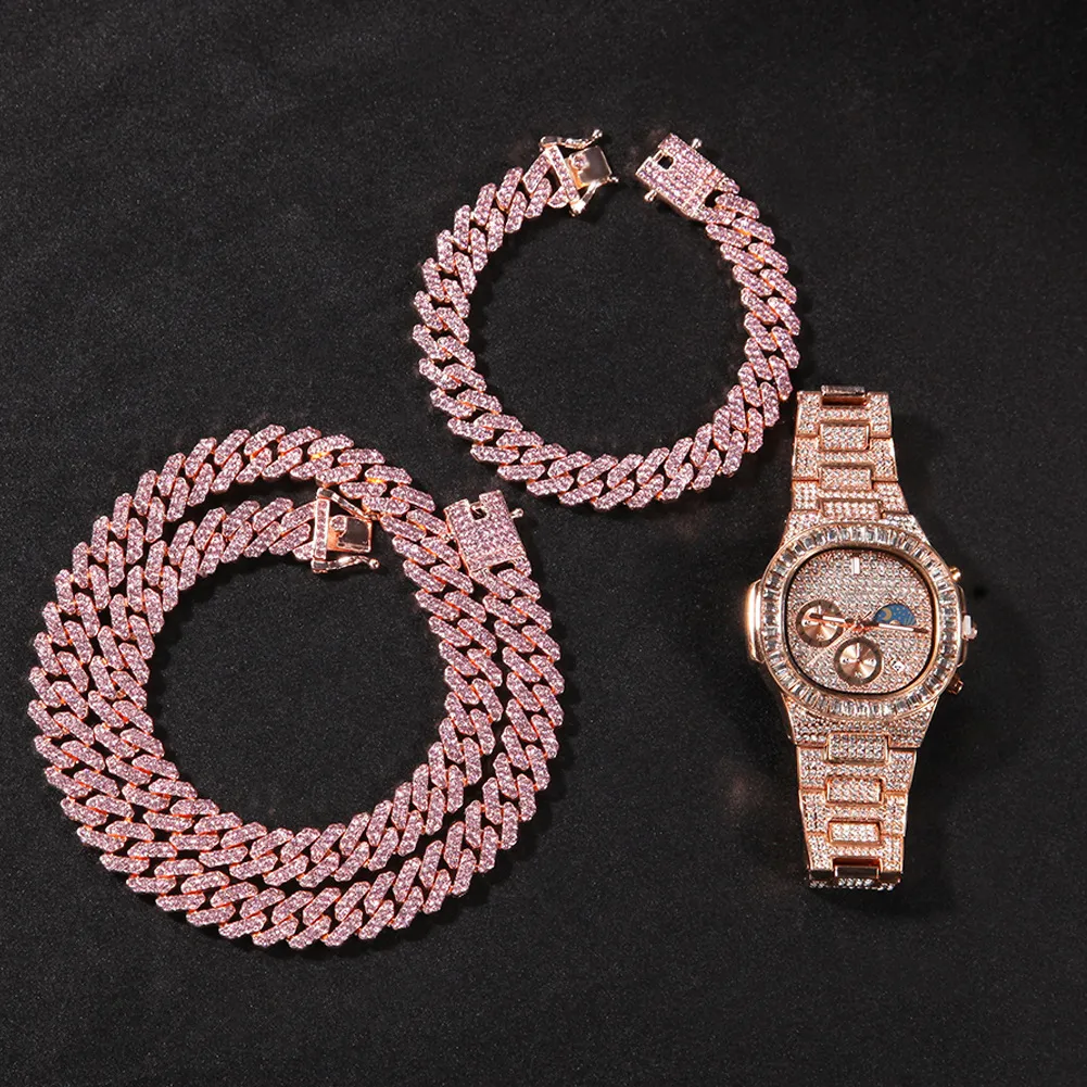 Men Necklace Iced Out Miami Cuban Chain Hip Hop Jewelry Rose Gold Silver Diamond Watch Necklaces Bracelet Set254r