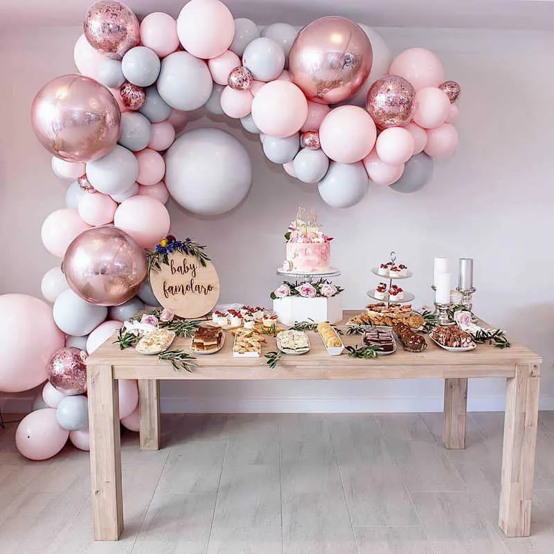 Macaron-Luftballons-Bogen-Set, Pastellgrau, rosa Luftballons, Girlande, Roségold, Konfetti, Globos, Hochzeit, Party, Dekoration, Babyparty-Zubehör 210626