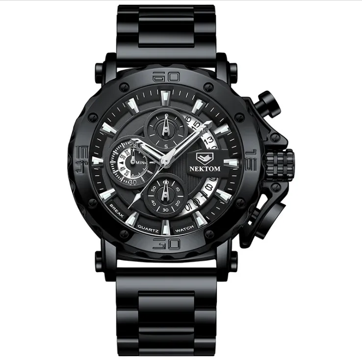 NEKTOM 316L acier inoxydable qualité cadran et bracelet montre pour hommes creux mystère lumineux montres à quartz temps de voyage précis élégant 2166