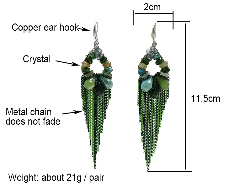 Populaire cristal perlé chaîne longue gland boucle d'oreille pour les femmes rouge bleu vert bohème à la main mariée bijoux de mariage s