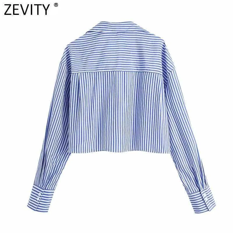 Zevity Mujeres Vintage Turn Down Collar Estampado de rayas Blusa corta Blusa Office Lady Camisas de manga larga Chic Loose Tops LS9005 210603