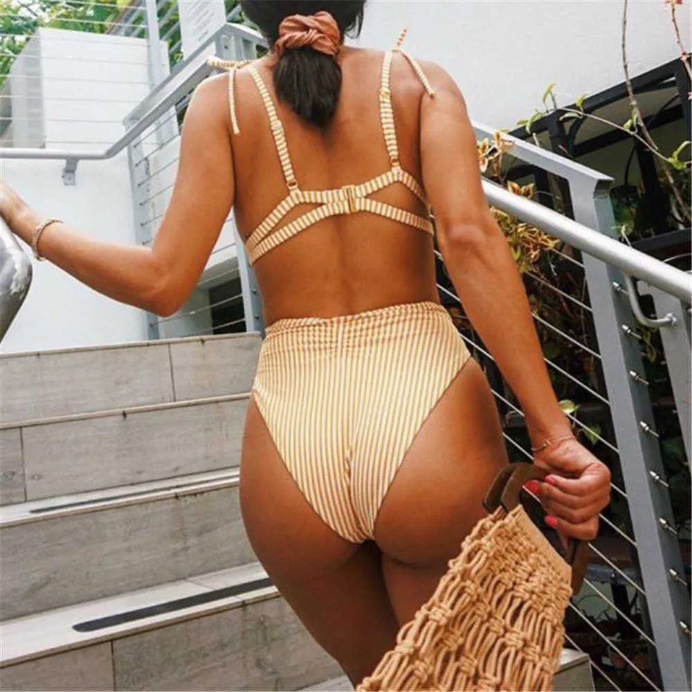 PLAVKY Sexy High Waist Belt Bikini Set Yellow Stripe Swimsuit Tie Front Women Swimwear Female Beach Wear Swim Bathing Suit 210611