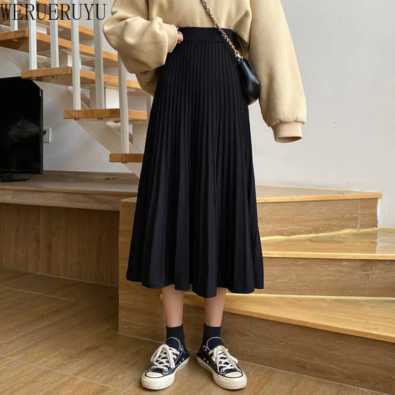 WERUERUYU Velvet Woolen Umbrella Long Skirt Women Autumn Winter Elastic Band High Waist Warm Skirt Black Office Skirt 210608