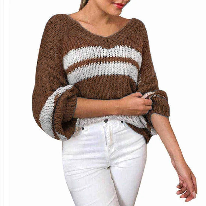 Nowe Kobiety Moda Kolor Block Swetry Blutwear Casual Loose Stripe Dzianiny Jumper Top Ciepły Pulower Sweter Top Dla Lad Y1110