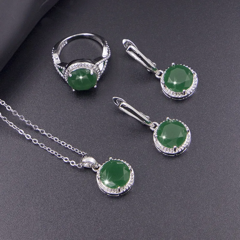 XUTAAYI Earrings 925 Silver Wedding Jewelry Sets For Women Jade green Bracelet Rings Bridal Pendant Necklace Set